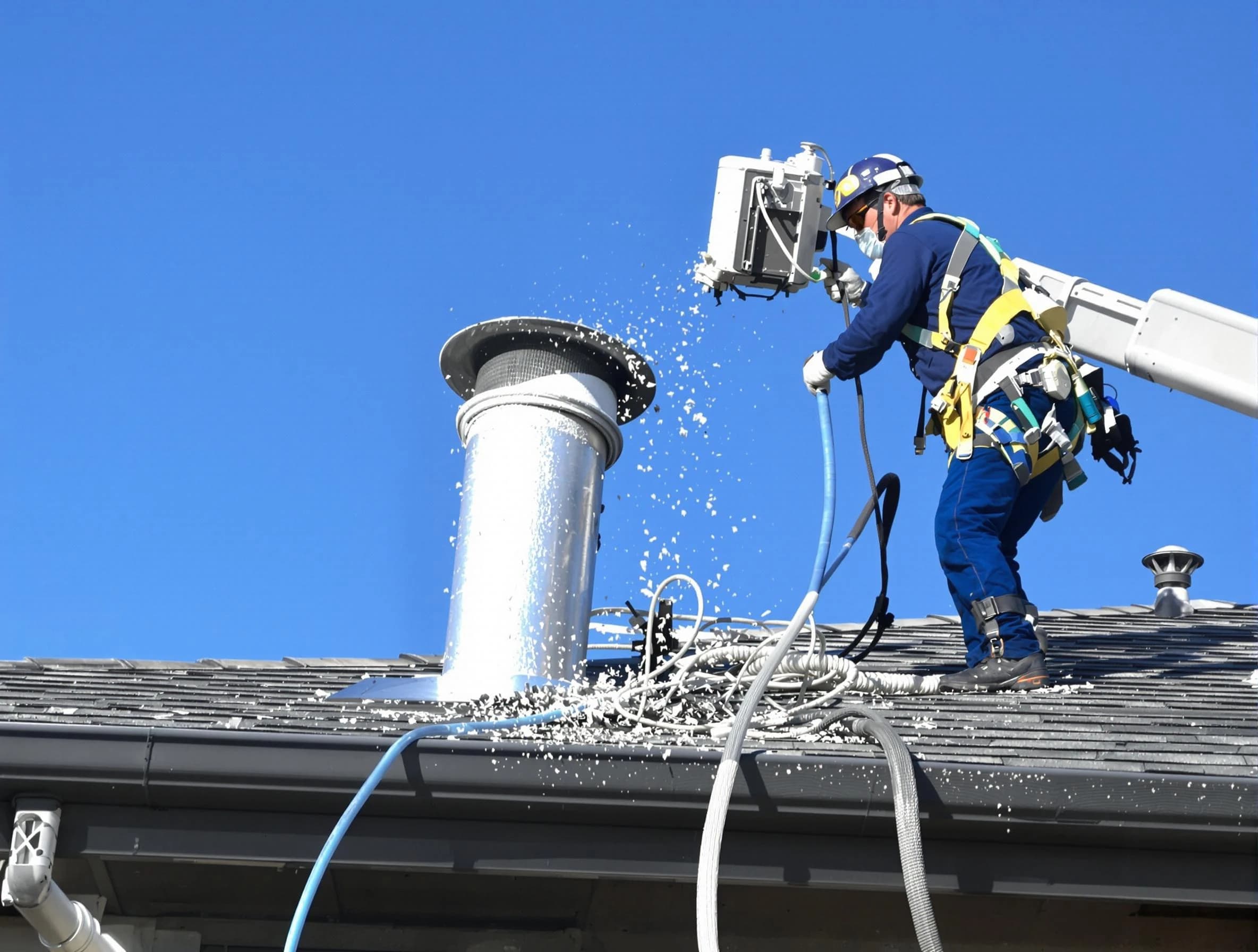 Warrior Dryer Vent Cleaning certified technician safely cleaning a roof-mounted dryer vent in Warrior