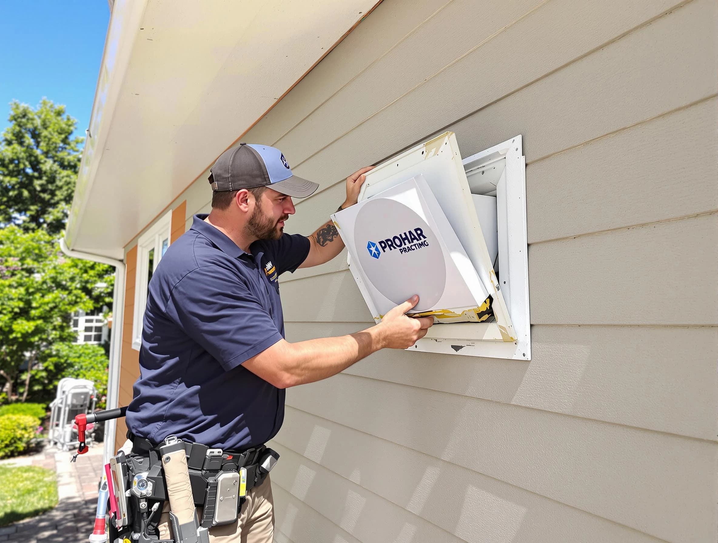 Warrior Dryer Vent Cleaning technician installing a new protective dryer vent cover on a home in Warrior