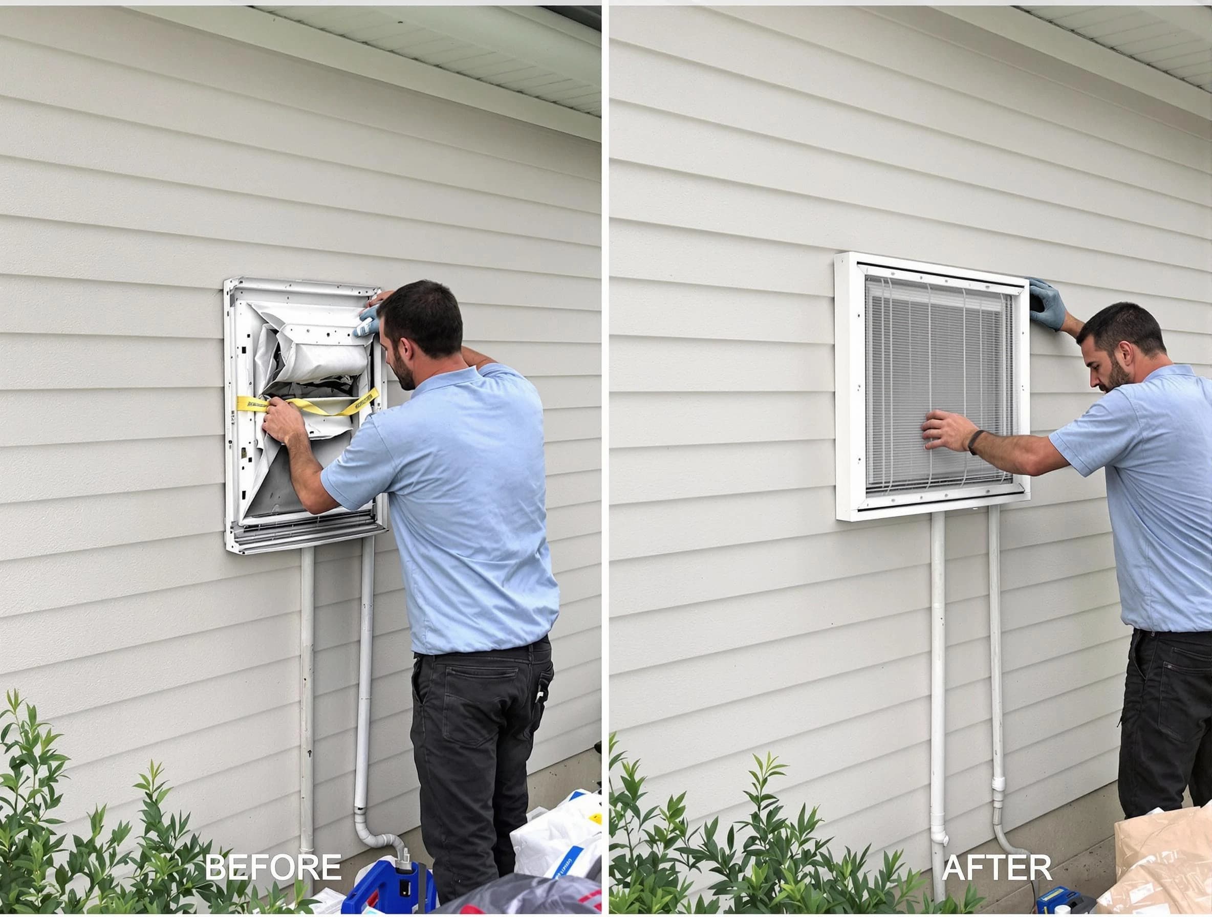 Warrior Dryer Vent Cleaning technician installing high-quality dryer vent cover at a residential property in Warrior