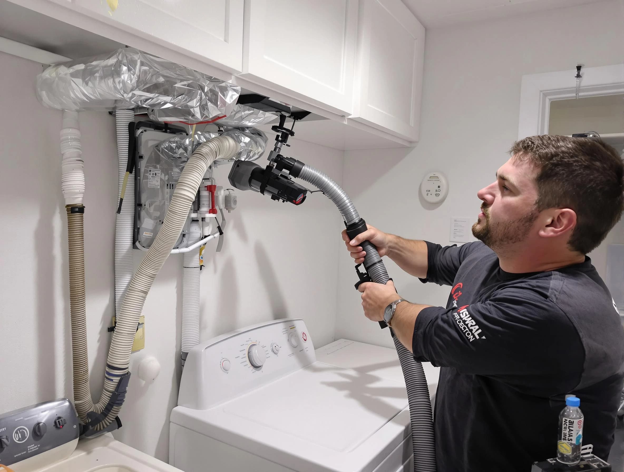 Warrior Dryer Vent Cleaning certified technician performing safety-focused gas dryer vent cleaning in Warrior