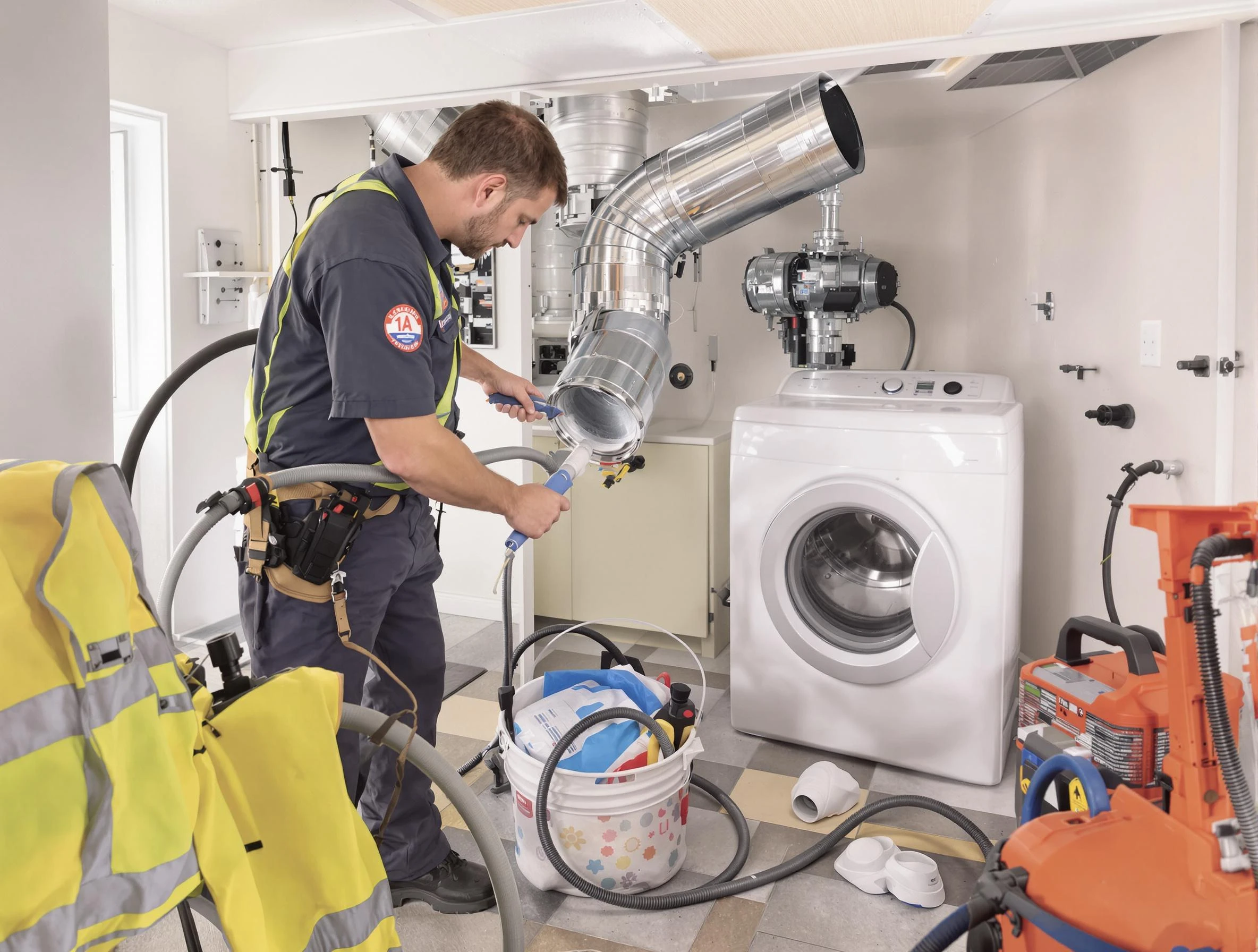 Warrior Dryer Vent Cleaning technician using specialized equipment to clear severe dryer vent blockage in Warrior