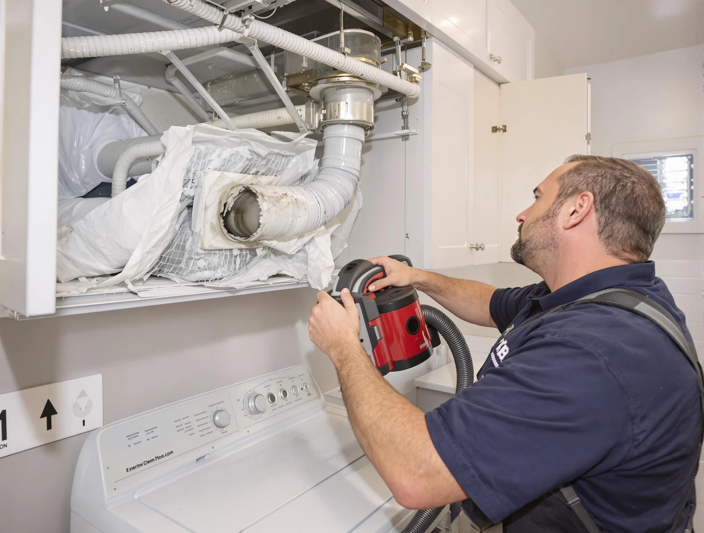Warrior Dryer Vent Cleaning technician performing professional exhaust vent cleaning at a residential property in Warrior